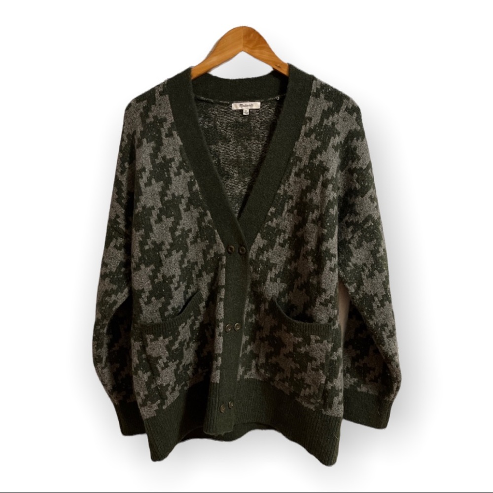 Madewell Olive Green and Gray Houndstooth Cardigan Sweater